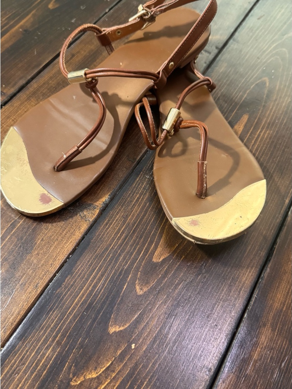 DV by Dolce Vita Brown T-Strap Sandals with Gold Toe Caps 9